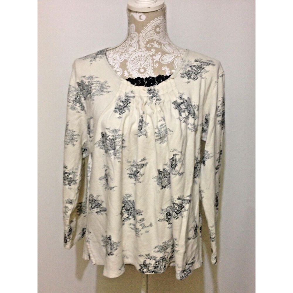 Ellen Tracy Top Black White Scenery Print‎ Lace Trim Cotton 3/4 Sleeve Shirt